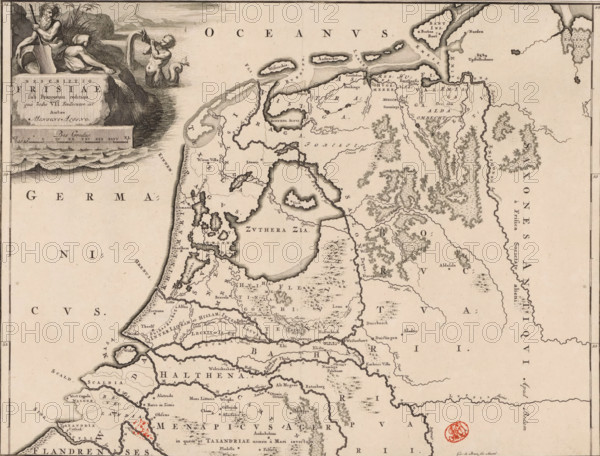 Historical map of the Netherlands with the territories of the Batavians and Frisians, Descriptio Frisiae sub Francorum reditum, print, map, historical print, Map of the Netherlands and Germany in Roman times with the area where the Frisians lived. In the upper left, a cartouche with title, a river god, and a triton. Scale bar below cartouche: Bes gradus. Degree division along left and right edges., printmaker: Gerrit de Broen (I), Amsterdam, writer (clerical worker): Menso Alting, 1697 - 1700, 1725, writer (clerical worker), paper, engraving, etching, height 317 mm x width 417 mm, Part of 16 maps of the land of the Batavians and the Frisians first produced for and included in Alting, Menso. Descriptio, secundum antiquos, agri Batavi & Frisii. 2 volumes. Amsterdam: Henricus Wetstein, 1697-1700. Reused in Halma, François. Tooneel der Vereenigde Nederlanden, en onderhorige landschaps, 2 volumes. Leeuwarden: Hendrik Halma, 1725. This map was used in Halma's Tooneel der Vereenigde Nederland...