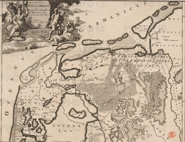Historical map of the Netherlands with the territories of the Batavians and Frisians, Descriptio Frisiae liberae inter Kinnemum et Amisian, print, map, historical print, Map of the Frisian territories in the present-day Netherlands and Germany in Roman times. Top left cartouche with title, surrounding the cartouche a man with a sword, the Dutch Maiden with a lance on which the Phrygian cap hangs, and Hercules defeating a blindfolded man. Scale bar below cartouche: Quincunx gradus. Degree division along left and right edges., printmaker: Gerrit de Broen (I), Amsterdam, writer (clerical worker): Menso Alting, 1697 - 1700, 1725, writer (clerical worker), paper, engraving, etching, height 317 mm x width 419 mm, Part of 16 maps of the land of the Batavians and the Frisians first produced for and included in Alting, Menso. Descriptio, secundum antiquos, agri Batavi & Frisii. 2 volumes. Amsterdam: Henricus Wetstein, 1697-1700. Reused in Halma, François. Tooneel der Vereenigde Nederlanden, en ...