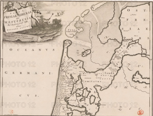 Pars I Frisiae Liberae quae Westfresia, Historical map of the Netherlands with the territories of the Batavians and Frisians, print, map, historical print, Map of Frisian territories in West Frisia in the Roman period. Top left cartouche with title, above it two putti. To the right of the cartouche in the background Neptune and a number of tritons. Scale bar below cartouche: Quadrans gradus. Degree division along left and right edges., printmaker: Gerrit de Broen (I), Amsterdam, printmaker: Joseph Mulder, Netherlands, writer (clerical worker): Menso Alting, 1697 - 1700, 1725, writer (clerical worker), paper, engraving, etching, height 317 mm x width 420 mm, Part of 16 maps of the land of the Batavians and the Frisians first produced for and included in Alting, Menso. Descriptio, secundum antiquos, agri Batavi & Frisii. 2 volumes. Amsterdam: Henricus Wetstein, 1697-1700. Reused in Halma, François. Tooneel der Vereenigde Nederlanden, en onderhorige landschaps, 2 volumes. Leeuwarden: Hend...