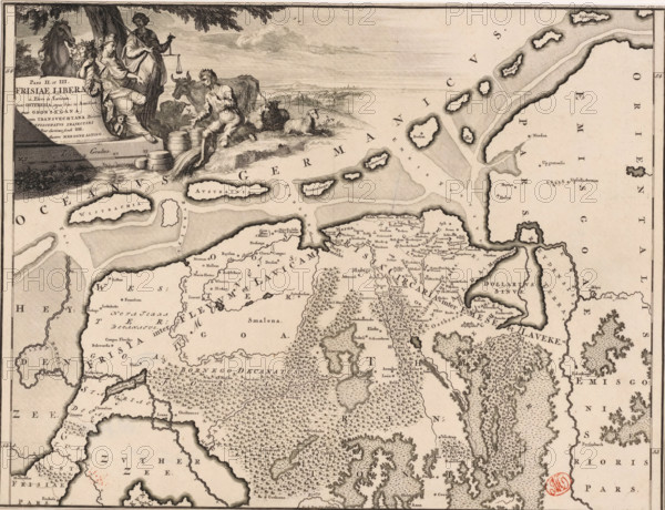 Historical map of the Netherlands with the territories of the Batavians and Frisians, Pars II et III Frisiae liberae a flevo in Lavicam, print, map, historical print, Map of the Frisian territories in the northern Netherlands in the Roman period. In the upper left, a cartouche with title, next to it a woman carrying the horn of plenty (possibly Concordia), Justitia, and a kneeling male figure. Scale bar below cartouche: Triens gradus. Degree division along left and right edges., printmaker: Gerrit de Broen (I), Amsterdam, printmaker: Joseph Mulder, writer (clerical worker): Menso Alting, 1697 - 1700, 1725, writer (clerical worker), paper, engraving, etching, height 318 mm x width 419 mm, Part of 16 maps of the land of the Batavians and the Frisians first produced for and included in Alting, Menso. Descriptio, secundum antiquos, agri Batavi & Frisii. 2 volumes. Amsterdam: Henricus Wetstein, 1697-1700. Reused in Halma, François. Tooneel der Vereenigde Nederlanden, en onderhorige landscha...