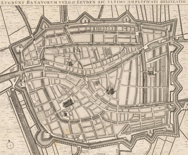 Lugduni Batavorum vulgo Leyden sic ultimo amplificati delineatio, Map of Leiden, area plan, print, Map in bird's-eye view perspective. Title along the top, numbered 8 in the upper right. A scale bar at the bottom center: Scale of 50 Rhineland rods., printmaker: R. Benning, 1650 - 1750, R. Benning, printmaker, paper, etching, height 311 mm x width 375 mm, maps of cities, Leiden, An aged, detailed map showing a fortified walled town with angular bastions and ramparts surrounded by waterways and agricultural plots, a network of narrow streets and canals forming a dense grid, numerous small rectangular parcels and open squares, several distinct church buildings with steeples, clusters of closely drawn houses, bridges crossing canals, rows of trees along some streets and ramparts, decorative compass rose in a corner, and extensive fine line hatching and stippling used to indicate water, vegetation, and built areas.