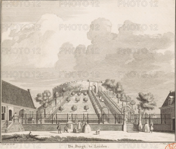 The castle at Leiden, View of the castle of Leiden, print, book illustration, with several figures and peacocks in the foreground., printmaker: Jan Caspar Philips, Amsterdam, after drawing by Cornelis Pronk, publisher: Isaak Tirion, 1742, paper, etching, height 169 mm x width 199 mm, Print also used in: Wagenaar, Jan. Present State of the United Netherlands, fourth part. Containing a beginning of the description of Holland. Decorated with a new map, accurate plans of cities and print illustrations, Contemporary history, or present state of all peoples, between pp. 532 and 533., fortress, Leiden, Burcht van Leiden, A detailed engraved scene shows a raised circular fortification with a sloped grassy interior planted with small trees and bordered by terraces and stairways leading to an arched gateway at the top; ornate iron railings and gates run across the foreground, with figures walking and standing along the paved area in front, some dressed in long garments and others in coats, and a...