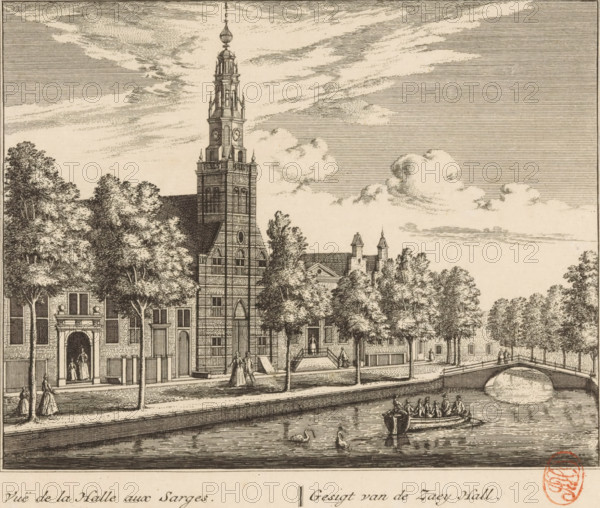 View of the Saaihal in Leiden, Gesigt van de Zaey Hall, Vuë de la Halle aux Sarges, print, book illustration, View of the Saaihal, located at the Steenschuur in Leiden, printmaker: Abraham Rademaker, publisher: Leonard Schenk (possibly), Amsterdam, in or after 1732, paper, etching, height 167 mm, width 200 mm, Print also used in: Rademaker, Abraham. Rhynlands fijnste gezichten, toonde alle deszelfs lustplaatszen, heeren-huizen en dorpen. From halfway between Haarlem and Leyden (…), Les plus agréables vuës de Rhynland, representative toutes les maisons de plaisance, 1732., Saaihal, Leiden, A detailed etching shows a tall, ornate tower rising from a brick building with arched windows and a large entrance, surrounded by trees along a waterfront; people in period dress walk and stand on the tree-lined street and near building entrances; a small boat with seated figures is on the water alongside swans, and a stone bridge arches over the canal with more figures visible on it; the sky is fill...