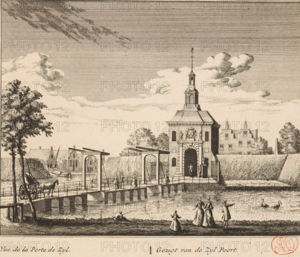View of the Zijlpoort in Leiden, Gezigt van de Zyl Poort, Vuë de la Porte de Zyl, print, book illustration, with the Zijlpoortsbrug in front of it., printmaker: Abraham Rademaker, publisher: Leonard Schenk (possibly), Amsterdam, in or after 1732, paper, etching, height 169 mm, width 199 mm, Print also used in: Rademaker, Abraham. Rhynlands fijnste gezichten, toonde alle deszelfs lustplaatszen, heeren-huizen en dorpen. From halfway between Haarlem and Leyden (…), Les plus agréables vuës de Rhynland, representative toutes les maisons de plaisance, 1732., city-gate, bridge, Leiden, Zijlpoort (Leiden), An etching in sepia tones shows a riverside scene with a bridge leading to a stone gatehouse topped by a cupola and spire, decorative crest above the arched entrance, and small figures standing at the doorway and on the bridge; boats and simple buildings line the far bank, a cart drawn by a horse is on the left side of the bridge near trees, people in period dress stand and walk beside the w...