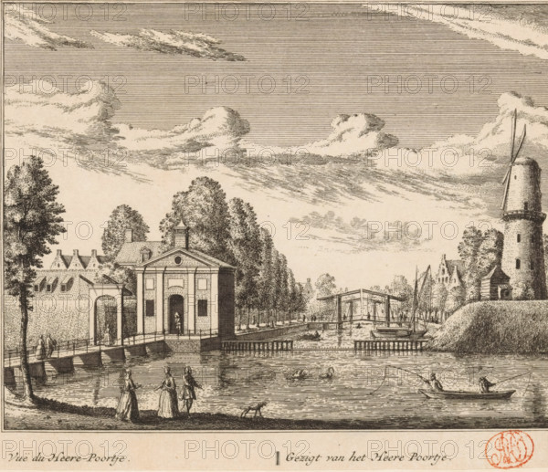 View of the Heere Poortje, Vuë du Heere-Poortje, View of the Herenpoort in Leiden, print, book illustration, with the accompanying bridge on the left and a mill on the right., printmaker: Abraham Rademaker, publisher: Leonard Schenk (possibly), Amsterdam, in or after 1732, paper, etching, height 164 mm, width 199 mm, Print also used in: Rademaker, Abraham. Rhynlands fijnste gezichten, toonde alle deszelfs lustplaatszen, heeren-huizen en dorpen. From halfway between Haarlem and Leyden (…), Les plus agréables vuës de Rhynland, representative toutes les maisons de plaisance, 1732., windmill, city-gate, bridge, Leiden, Herenpoort, A detailed ink landscape shows a river with figures along the shore and on the water, a small boat with a person casting a line, and two people standing nearby with a dog. A riverside building with an arched entrance and columns fronts a canal, connected to a bridge leading to a tree-lined avenue. Further along the water, a drawbridge spans the canal with small b...