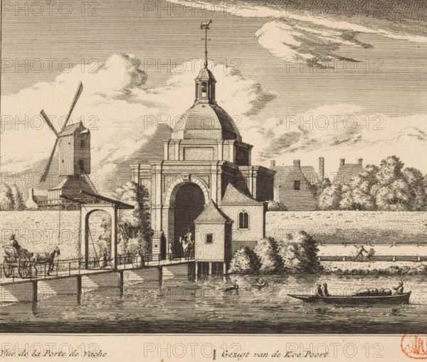 View of the Koepoort in Leiden, View of the Koe Poort, Vuë de la Porte de Vache, print, book illustration, View of the Koepoort and the accompanying bridge in Leiden. A windmill in the background on the left., printmaker: Abraham Rademaker, publisher: Leonard Schenk (possibly), Amsterdam, in or after 1732, paper, etching, height 165 mm, width 199 mm, Print also used in: Rademaker, Abraham. Rhynlands fijnste gezichten, toonde alle deszelfs lustplaatszen, heeren-huizen en dorpen. From halfway between Haarlem and Leyden (…), Les plus agréables vuës de Rhynland, representative toutes les maisons de plaisance, 1732., windmill, city-gate, bridge, Leiden, Koepoort (Leiden), A detailed ink drawing shows a riverside scene with a domed gateway building rising behind a small pavilion on stilts at the water’s edge, an arched passage and rectangular architectural details visible on the larger structure, while a wooden windmill with sails stands to the left behind a wall and nearby roofed bridge str...