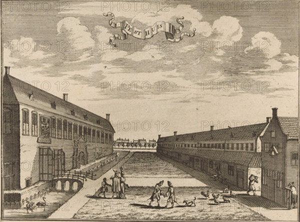 Plague House, View of the Plague House in Leiden, print, book illustration, View of part of the exterior of the Plague House in Leiden. Numbered top right: p. 154., 1675 - 1699, printmaker, paper, etching, height 140 mm x width 186 mm, hospital, Leiden, A wide engraving shows a long rectangular courtyard bordered by tall buildings with pitched roofs and rows of windows on both sides, a narrow water channel running beside one building with a small arched bridge crossing it, and a distant row of smaller buildings visible at the far end; the sky is filled with layered, horizontally hatched clouds and a flowing ribbon-like banner near the top; figures in period clothing stand and walk on the grassy area in the foreground, some in pairs and small groups, while birds and small animals are scattered on the ground and near the water; architectural details include chimneys, dormer windows, gated doorways, and patterned roof tiles.