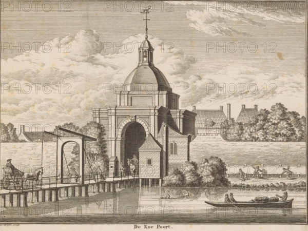 View of the Koepoort in Leiden, The Koe Poort, print, book illustration, View of the Koepoort and the accompanying bridge in Leiden., printmaker: Andries van Buysen (Sr.), Amsterdam, 1734, paper, etching, engraving, height 142 mm x width 183 mm, Print also used in: The make-happy Leiden outer ramparts, pleasant villages and regions situated around that city (…) decorated with all the city gates. Leiden: Quirinum Visscher, Amsterdam: Arent van Huyssteen, 1734., city-gate, bridge, Enkhuizen, Koepoort (Enkhuizen), A detailed ink drawing shows a riverside scene with a domed gatehouse topped by a small cupola and a weather vane shaped like an animal, connected to a riverside walkway and a small square tower with arched windows; figures stand and walk near the entrance while a man on horseback emerges from beneath the arch. A wooden drawbridge with vertical supports spans the water and a carriage drawn by a horse crosses it, accompanied by other small figures on the bridge. Trees and cluster...