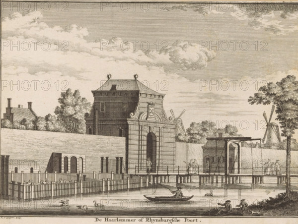The Haarlemmer or Rhynsburg Gate, View of the Rijnsburgerpoort in Leiden, print, book illustration, View of the Rijnsburgerpoort and accompanying bridge in Leiden., printmaker: Andries van Buysen (Sr.), Amsterdam, 1734, paper, etching, engraving, height 142 mm x width 190 mm, Print also used in: The Amusing Leiden Outer Cings, pleasant villages and regions situated around that city (…) decorated with all the city gates. Leiden: Quirinum Visscher, Amsterdam: Arent van Huyssteen, 1734., city-gate, bridge, Leiden, Rijnsburgerpoort, A detailed black and white engraving showing a riverside scene with a large ornate gated building featuring decorative scrolls and a tall arched entrance, adjacent simpler brick structures and a smaller pavilion with an arched opening, a wooden fence and pier along the water, ducks and swans swimming, a person in a small boat on the water, two seated figures on the grassy bank, groups of people standing on the pier and near the gate, a windmill with visible sai...