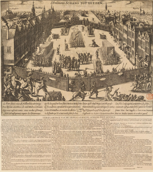 d' Arminianze schans tot Leyden, Verklaringe van de arminiaensche schans tot Leyden, De arminiaanse schans te Leiden, 1618, print, Above a sheet with a depiction of the Arminian redoubt in Leiden. The redoubt was erected on October 5, 1617, in the Breestraat near the town hall to protect the Remonstrant-minded city council and mercenaries. The depiction shows the skirmishes taking place in the vicinity of the redoubt. In the plate, below the depiction, a French caption in four verses of four lines. Below the accompanying text sheet with a Dutch caption of three columns, with a description of the events up to October 20, 1618 when the redoubt was demolished and an explanation of the letters in the illustration., printmaker, publisher, Leiden, Northern Netherlands, paper, etching, engraving, letterpress printing, etching and engraving with text in letterpress, height 261 mm x width 344 cm x height 121 mm x width 342 mm, height 383 mm x width 344 mm, Remonstrants and Counter-Remonstrants,...
