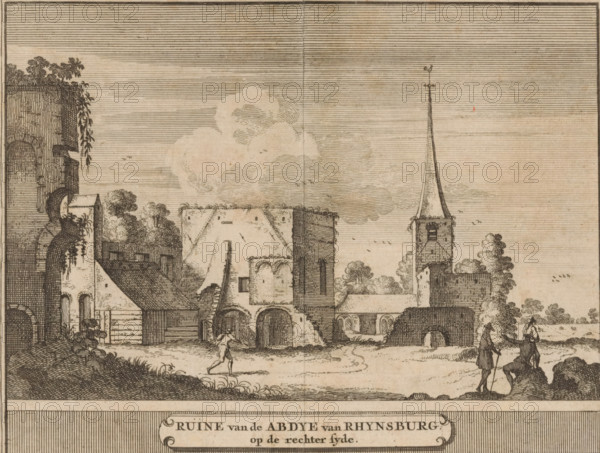 Ruins of the Abbey of Rhynsburg, on the right side, View of the ruins of the abbey at Rijnsburg, print, book illustration, View of the right side of the ruins of the Abbey of Rijnsburg, destroyed in 1574., printmaker: Jacobus Schijnvoet, Amsterdam, after drawing by Roelant Roghman (possibly), 1711 - 1774, paper, etching, height 141 mm x width 179 mm, Print also used in: Smids, Ludolf. Schatkamer der Nederlandse oudheden, of woordenboek, behelsende Nederlands steden en dorpen, kasteelen, sloten en heeren huysen (…). Amsterdam: Pieter de Coup, 1711, between pp. 286 and 287. It is also possible that this print comes from the second (1737) or third (1774) edition, or from an edition containing only the prints: Nederlandsche oudheden, bestaan in zeskelijk verbeeldingen, gelegen in Holland, 't Sticht van Utrecht en Gelderland enz. Amsterdam: Hendrik Bosch, 1721., ruin of church, monastery, Rijnsburg (Zuid-Holland), Abdij van Rijnsburg, A detailed ink drawing of a ruined abbey and surrounding...
