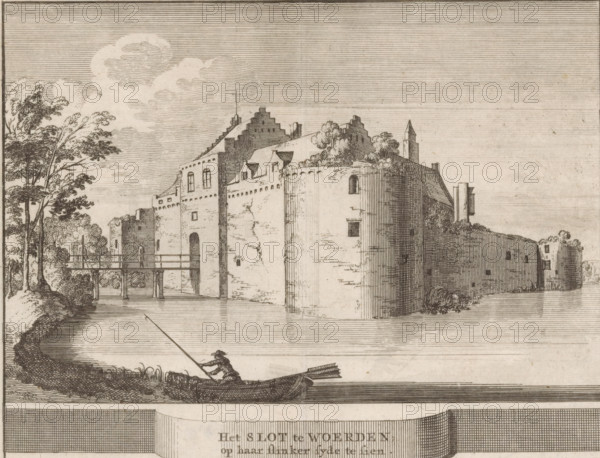 View of Woerden Castle, The castle at Woerden, visible on its left side, print, book illustration, View of the left side of Woerden Castle, also known as Woerden Castle. Marked lower right: H., printmaker: Jacobus Schijnvoet, Amsterdam, after drawing by Roelant Roghman (possibly), 1711 - 1774, paper, etching, engraving, height 138 mm x width 178 mm, Print also used in: Smids, Ludolf. Schatkamer der Nederlandse oudheden, of woordenboek, behelsende Nederlands steden en dorpen, kasteelen, sloten en heeren huysen (…). Amsterdam: Pieter de Coup, 1711, between p. 394 and 395. It is also possible that this print comes from the second (1737) or third (1774) edition, or from an edition containing only the prints: Nederlandsche oudheden, bestaan in zeskelijk verbeeldingen, gelegen in Holland, 't Sticht van Utrecht en Gelderland enz. Amsterdam: Hendrik Bosch, 1721., castle, Woerden, Slot Woerden, A monochrome etched scene showing a large fortified structure with tall, rounded outer walls and step...