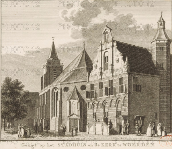 View of the church and town hall in Woerden, View of the town hall and the church in Woerden, print, book illustration, View of the church (left) and the town hall (right) on the Kerkplein in Woerden., printmaker: Jan Caspar Philips, Amsterdam, after drawing by Cornelis Pronk, Woerden, publisher: Isaak Tirion, 1750, paper, etching, height 168 mm x width 196 mm, Print also used in: Tegenwoordige staat der Vereenigde Nederlanden, eighth part, being the continuation of the description of Holland. Decorated with new maps, plans of cities and artistic print illustrations, Contemporary history, or the present state of all peoples, between pp. 12 and 13., church (exterior), town hall, Petruskerk (Woerden), Stedehuys, A detailed architectural scene rendered in fine linework showing a large stone building with arched windows, decorative gables, and a stepped entrance with statues on the balustrade, adjacent to a church-like structure with tall pointed roofs and round windows, a tower with a spi...