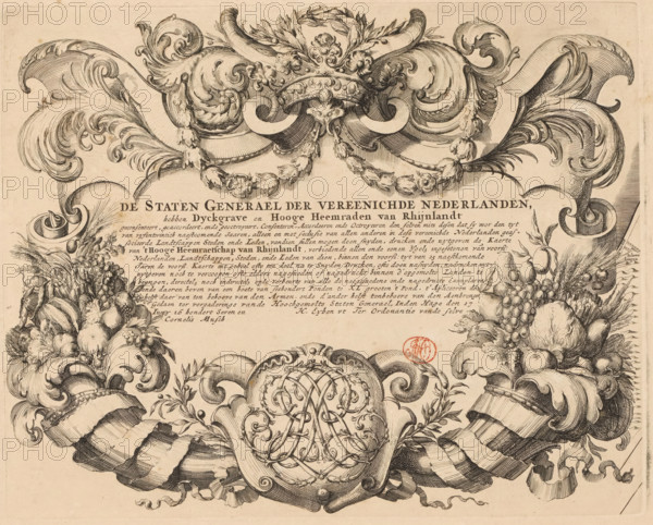 The High Council of Rhineland, Patent granted by the States General for a map of the Rhineland Water Board, print, patent, Ornamental cartouche with a text in which the States General grant a 25-year patent to the Dike Reeve and High Councillors of Rhineland for the production and publication of a map of the Rhineland Water Board. This cartouche was specially designed by Romeyn de Hooghe for the second edition of the map (1687, the first edition appeared in 1647)., printmaker: Romeyn de Hooghe, 1687, paper, etching, engraving, height 255 mm x width 318 mm, Person, States General, Rijnland Water Board, ornaments, art, A detailed engraved decorative border fills the top of the image with swirling acanthus-like scrollwork and leafy flourishes rendered in fine parallel lines and crosshatching, forming a central cartouche topped by a wreath and ribbon motifs; beneath the central decoration two garlands of stylized flowers drape downward toward opposing clusters of fruit and foliage that inc...