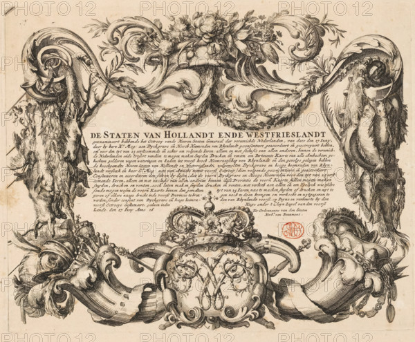 Patent granted by the States of Holland and West Friesland for a map of the Rijnland Water Board, 1687, T' Hoogheymraedschap van Rhynland, print, patent, Ornamental cartouche with a text in which the States of Holland and West Friesland, in accordance with the patent of the States General, grant a patent of 25 years to the dike warden and water board members of Rijnland for the production and publication of a map of the Rijnland Water Board. This cartouche was specially designed by Romeyn de Hooghe for the second edition of the map (1687, the first edition appeared in 1647)., printmaker: Romeyn de Hooghe, Romeyn de Hooghe, printmaker, paper, etching, engraving, height 255 mm x width 318 mm, Person, States General, Rijnland Water Board, States of Holland and West Friesland, ornaments, art, An ornate ink engraving fragment shows elaborate scrollwork and floral garlands across the top, with flowing acanthus leaves and clustered blooms; on either side hang draped animal carcasses and strin...