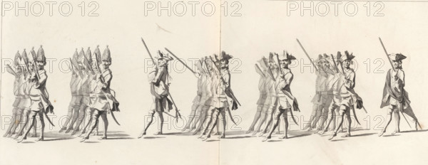 Funeral station of Willem IV, 1752, plate 9, Hollandsche Guardes, Lyk-statue of His Most Serene Highness the Lord Willem Carel Hendrik Friso, Prince of Orange and Nassau, held on the IV of February 1752, print, album page, Series number, 9, 41, The Dutch Guard. In the margin a caption in Dutch, French and English., printmaker: Jan Punt, after drawing by Pieter Jan van Cuyck, publisher: Pierre Gosse jr., The Hague, publisher: Nicolaas van Daalen, 1755, paper, etching, engraving, etching and engraving, height 270 mm x width 560 mm, Person, Willem IV (Prince of Orange-Nassau), cortege, funeral procession, military parade, pageant (infantry), Funeral of Willem IV (1752), Death of Willem IV (1751), Delft, Period, 1752-02-04, A wide, sepia-toned engraving shows rows of uniformed soldiers marching across a blank background, each figure depicted in profile or three-quarter view with long coats, knee-length breeches, stockings, and buckled shoes, many carrying long muskets or pikes held upright...