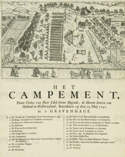 The Encampment, occupied by order of Her Noble and Mighty Lords, the States of Holland and West Friesland on May 29, 1742, in The Hague, Encampment near The Hague, print, View of the large military exercise the Encampment at The Hague, a military camp set up by order of the States of Holland and West Friesland in the Haagse Bos near The Hague, May 29, 1742. With view and perspective used interchangeably. On the sheet below the plate the legend 1-24., printmaker, Northern Netherlands, paper, etching, letterpress printing, etching with text in letterpress, height 207 mm x width 315 mm, height 403 mm x width 315 mm, (military) camp with tents, Camp in The Hague (1742), The Hague, Haagse Bos, Period, 1742-05-29, A detailed engraving shows a bird’s-eye view of a riverside scene with a rectangular encampment area filled with rows of tents and small triangular markers, surrounded by trees, pathways, and scattered individual tents and wagons, with groups of people and soldiers depicted walking...