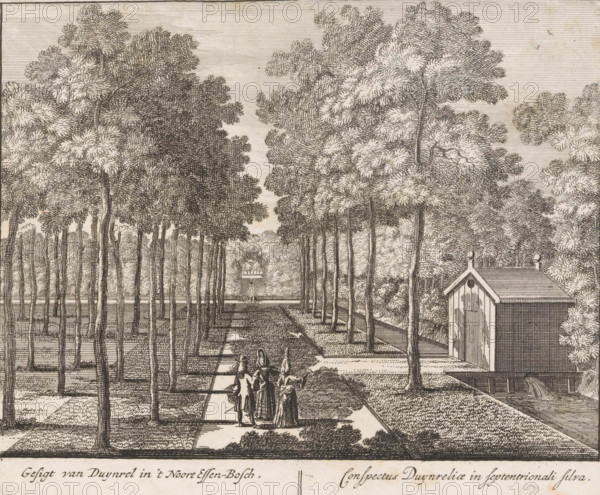 View of Duynrel in the northern ash forest, Conspectus Duynreliae in septentrionali silva, View of the ash forest of Duinrell country estate, Views of Duinrell country estate, print, Series number, 15, 16, with three walkers on the path. Numbered lower right: 15. Print from a series of sixteen prints of Duinrell., printmaker, publisher, grantor of privilege, Amsterdam, paper, etching, engraving, height 172 mm x width 202 mm, forest, wood, conversation, dialogue, conversation piece, Wassenaar, Huize Duinrell, A detailed black and white engraving shows a straight avenue lined by tall, slender trees with dense, textured foliage forming a canopy, flanking a paved central path that recedes into the distance toward a small structure at the far end. Four figures in period dress stand on the pathway in the foreground, two facing away and two turned slightly toward each other, their garments rendered with folds and shading. To the right of the avenue a simple wooden building with a pitched roof...
