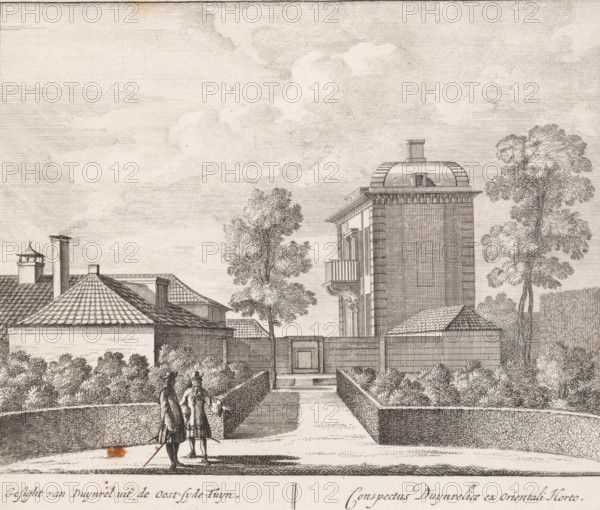 View of the eastern part of the garden and the house of Duinrell country estate, Gesight van Duynrel uit de oost-syde-tuyn, Conspectus Duynreliae ex orientali horto, Views of the Duinrell country estate, print, Series number, 4, 16, View of the eastern part of the garden and the house of Duinrell country estate. Two figures in the garden. Numbered bottom right: 4. Print from a series of sixteen prints of Duinrell., printmaker, publisher, grantor of privilege, Amsterdam, paper, etching, engraving, height 172 mm x width 200 mm, country-house, French or architectonic garden, formal garden, Wassenaar, Huize Duinrell, A monochrome etching showing a formal garden and buildings with tiled roofs, a central pathway flanked by low box hedges leading toward a gated entrance, tall trees rising behind the hedges, and a multi-story tower-like building with a domed roof and a small balcony; two figures in period dress stand on the path in the foreground, one holding a cane, and detailed linear shadin...