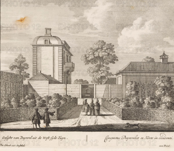 View of Duynrel from the west-syde-tuyn, Conspectus Duynreliae ex horto in occidenti, View of the western part of the garden and the house of country estate Duinrell, Views of the country estate Duinrell, print, Series number, 5, 16, View of the western part of the garden and the house of country estate Duinrell. In the garden, several figures and a dog. Numbered lower right: 5. Print from a series of sixteen prints of Duinrell., printmaker, publisher, grantor of privilege, Amsterdam, paper, etching, engraving, height 170 mm x width 201 mm, country-house, French or architectonic garden, formal garden, Wassenaar, Huize Duinrell, A detailed etching shows a formal garden path leading toward a gated entrance flanked by tall hedges and geometric plantings, with a large multi-story building featuring a domed roof and balcony visible beyond the gate and a lower tiled-roof pavilion to the right; several trees rise above the walls and clouds fill the sky, while groups of people in period dress ...