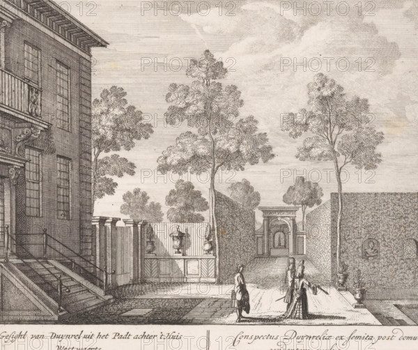Path with figures at the rear of Duinrell country estate, View of Duinrell from the path behind the house westward, Conspectus Duynreliae ex femita post domum occidentem versus, Views of the Duinrell country estate, print, Series number, 7, 16, Path with three figures in the garden at the rear of the house of Duinrell country estate. The path runs towards the west. Numbered in the lower right: 7. Print from a series of sixteen prints of Duinrell., printmaker, publisher, grantor of privilege, Amsterdam, paper, etching, height 173 mm x width 204 mm, country-house, French or architectonic garden, formal garden, Wassenaar, Huize Duinrell, A detailed ink engraving shows a courtyard scene with a multi-story building on the left featuring tall windows, a balcony with decorative railing, and a staircase with a handrail leading down to the courtyard. Trees with textured foliage rise behind walls and fill the midground against a hatched sky. In the courtyard a paved path runs between low walls a...