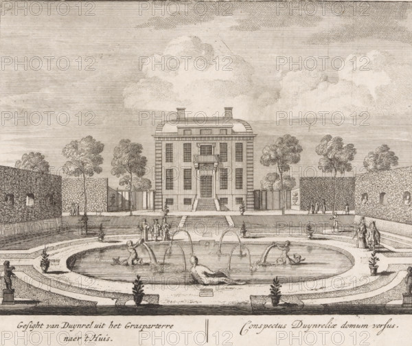 View of Duynrel from the grass parterre towards the house, Conspectus Duynreliae domum versus, View of the house of country estate Duinrell, seen from the garden, Views of country estate Duinrell, print, Series number, 8, 16, seen from the garden. In the foreground a pond with fountains. In the garden several figures. Numbered lower right: 8. Print from a series of sixteen prints of Duinrell., printmaker, publisher, grantor of privilege, Amsterdam, paper, etching, engraving, height 172 mm x width 202 mm, garden fountain, country-house, French or architectonic garden, formal garden, Wassenaar, Huize Duinrell, A symmetrical stone building with a central doorway reached by steps and a small balcony above the entrance stands at the center, flanked by tall narrow windows and topped by a low curved roof with two chimneys; in front of the building a formal garden features a large oval fountain basin with sculpted reclining figures and jets of water, a series of stepped terraces and pathways, ...