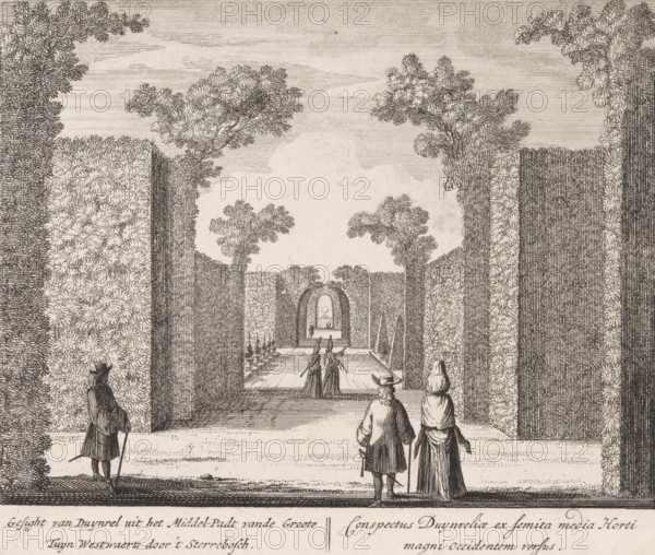 View of the star-shaped forest in the garden of Duinrell country estate, Gesight van Duynrel uit het midden-padt vande groote tuyn westwaerts door 't sterrebosch, Conspectus Duynreliae ex femita media horti magni occidentem versus, Views of the Duinrell country estate, print, Series number, 10, 16, viewed towards the west. In the center, the central path of the garden with several figures. Numbered in the lower right: 10. Print from a series of sixteen prints of Duinrell., printmaker, publisher, grantor of privilege, Amsterdam, paper, etching, engraving, height 172 mm x width 201 mm, French or architectonic garden, formal garden, Wassenaar, Huize Duinrell, A detailed etched scene shows a formal garden framed by tall, densely foliaged hedges and trees with carefully rendered leaves and textured trunks, forming a central avenue that leads to an arched opening and a distant fountain visible through the arch; in the foreground three figures stand on a paved terrace, two facing the garden w...