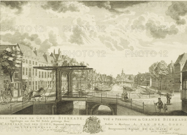 View of the Groote Bierkade, Vuë & perspective du Grande Bierkade, View of the Bierkade in The Hague, Eighteen views in and around The Hague (Besoet, Scheurleer), print, View of the Bierkade in The Hague. In the foreground the Wagenbrug and in the background the Diaconie Old Women's and Children's Home. Below the image the title and dedication in Dutch and French, with in the center the family coat of arms of The Hague mayor Adriaan van der Goes. Print from a series of eighteen views in and around The Hague., printmaker: attributed to Iven Besoet, The Hague, publisher: Hendrik Florisz Scheurleer, dedicated to: Adriaan van der Goes (1722-1797), 1756, Attributed to, paper, etching, engraving, height 308 mm x width 430 mm, Print is part of a series of eighteen views in and around The Hague that were published over the period 1755-1762., armorial bearing, heraldry, bridge in city across river, canal, orphanage, street (city(-scape) with figures, staffage), Diaconie Oude Vrouwen- en Kinderh...