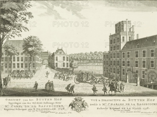 View of the Buitenhof in The Hague, View of the Buyten Hof, Vuë & perspective du Buyten Hof, Eighteen views in and around The Hague (Besoet, Scheurleer), print, seen in the direction of the Gevangenpoort. On the left the Vijverhof or Noyelleshuis with the Gevangenpoort to the right. In the middle the Hofvijver with the Lange Vijverberg behind it. On the right the Stadhouderlijk Kwartier. Below the image the title and dedication in Dutch and French, with the family coat of arms of The Hague alderman Carel de la Bassecour in the center. Print from a series of eighteen views in and around The Hague., printmaker: attributed to Iven Besoet, The Hague, publisher: Hendrik Florisz Scheurleer, dedicated to: Carel de la Bassecour, 1758, Attributed to, paper, etching, engraving, height 310 mm x width 431 mm, Print is part of a series of eighteen views in and around The Hague that were published over the period 1755-1762., armorial bearing, heraldry, square, circus, etc. (city(-scape) with figures...