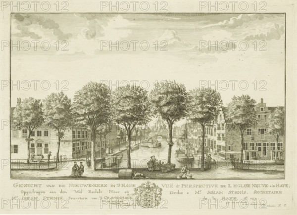 View of the Houtmarkt and Turfmarkt in The Hague, with the Nieuwe Kerk in the distance, View of the Nieuwe-Kerk in 's Hage, Vuë & perspective de l Eglise Neuve a La Haye, Eighteen views in and around The Hague (Besoet, Scheurleer), print, View of the Houtmarkt (left of the canal) and the Turfmarkt (right of the canal) in The Hague, with the Nieuwe Kerk on the Spui in the distance. Below the image, the title and dedication in Dutch and French, with the family coat of arms of The Hague secretary Johan Stenis in the center. Print from a series of eighteen views in and around The Hague., printmaker: attributed to Iven Besoet, The Hague, publisher: Hendrik Florisz Scheurleer, dedicated by: Hendrik Florisz Scheurleer, dedicated to: Johan Stenis, 1759, Iven Besoet, Hendrik Florisz Scheurleer, Johan Stenis, printmaker, publisher, Attributed to, paper, etching, engraving, height 306 mm x width 432 mm, Print is part of a series of eighteen views in and around The Hague that were published over t...