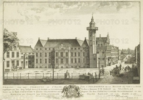 View of the Old Town Hall in The Hague, View of the town-house in s' Hage, View & perspective of the town hall in The Hague, Eighteen views in and around The Hague (Besoet, Scheurleer), print, View of the Old Town Hall on the Dagelijkse Groenmarkt in The Hague, seen from the Riviervismarkt. Below the image, the title and dedication in Dutch and French, with the family coat of arms of the Hague bailiff and sheriff Frederik Hendrik Baron van Wassenaer in the center. Print from a series of eighteen views in and around The Hague., printmaker: attributed to Iven Besoet, The Hague, publisher: Hendrik Florisz Scheurleer, dedicated by: Hendrik Florisz Scheurleer, dedicated to: Frederik Hendrik baron van Wassenaer, 1760, Iven Besoet, Hendrik Florisz Scheurleer, Frederik Hendrik baron van Wassenaer, printmaker, publisher, Attributed to, paper, etching, engraving, height 300 mm x width 425 mm, Print is part of a series of eighteen views in and around The Hague that were published over the period ...