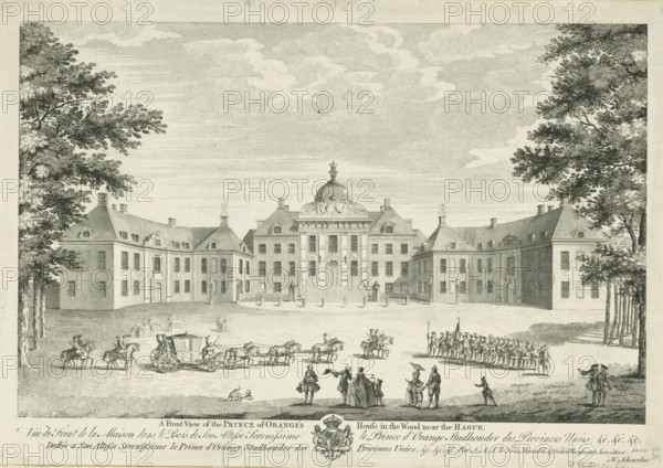 View of the front of Huis ten Bosch, A front view of the Prince of Orange's house in the wood near The Hague, Vuë de front de la maison dans le bois de Son Altesse Serenissime le prince d'Orange stadtholder des Provinces Unies, &c. &c &c., print, View of the front of Huis ten Bosch Palace. Below the image, the title in English and French and the dedication in French, with the coat of arms of Hereditary Stadtholder William V in the center., publisher: Hendrik Florisz Scheurleer, The Hague, dedicated to: William V (Prince of Orange), 1752 - 1768, printmaker, paper, etching, engraving, height 282 mm x width 401 mm, palace, Huis ten Bosch Palace, A wide engraving of a large symmetrical stone building with a central domed section and flanking wings framed by tall leafy trees, the facade showing rows of windows and decorative architectural details, a set of steps leading to a main entrance beneath sculptural ornamentation, groups of small figures in period dress scattered across the foregrou...