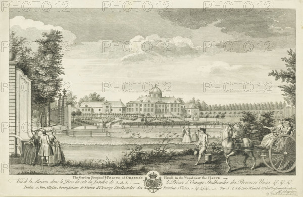 View of the back of Huis ten Bosch, The garden front of ye prince of Orange's house in the wood near The Hague, Vuë de la maison dans le bois du cote du jardin de SAS le prince d'Orange stadtholder des Provinces Unies, &c. &c. &c., print, View of the back and part of the gardens of Huis ten Bosch Palace. In the foreground the Bezuidenhoutseweg. Below the image, the title in English and French and the dedication in French, with the coat of arms of Hereditary Stadtholder William V in the center., publisher: Hendrik Florisz Scheurleer, The Hague, dedicated to: William V (Prince of Orange), 1752 - 1768, printmaker, paper, etching, engraving, height 260 mm x width 404 mm, palace, French or architectonic garden, formal garden, Huis ten Bosch Palace, A detailed monochrome engraving shows a formal garden and large classical house with a central dome and symmetrical wings set behind hedged and geometric flowerbeds, paths, and low fences; figures in period dress stand and walk around the grounds...