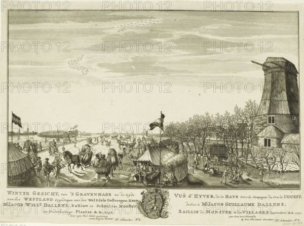 Winter view, from The Hague towards the Westland side, Vuë d'hyver, de La Haye vers la campagne du cote de l'ouest, Ice entertainment on a flooded piece of land in The Hague, Eighteen views in and around The Hague (Besoet, Scheurleer), print, Ice entertainment on a flooded piece of land in The Hague towards the Westland. On the right the Grut or Groat Mill. On the ice skaters and sleighs, in the middle a hot drink stall. On the left in the background the outlines of Delft, in the middle churches of several villages in the Westland. Below the image the title and dedication in Dutch and French, with in the middle the family coat of arms of Jacob Willem Dallens, bailiff and sheriff of Monster. Print from a series of eighteen views in and around The Hague., printmaker: attributed to Iven Besoet, The Hague, publisher: Hendrik Florisz Scheurleer, dedicated to: Jacob Willem Dallens, Monster (South Holland), 1757, Attributed to, paper, etching, engraving, height 308 mm x width 425 mm, Print is...