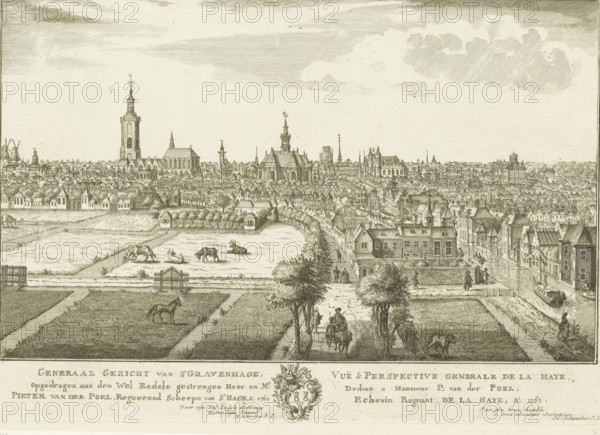 View of The Hague, General view of The Hague, Vuë & perspective generale de La Haye, Eighteen views in and around The Hague (Besoet, Scheurleer), print, seen from the south. On the right, the canal towards Delft. Below the image, the title and dedication in Dutch and French, with the family coat of arms of The Hague alderman Pieter van de Poel in the center. Print from a series of eighteen views in and around The Hague., printmaker: attributed to Iven Besoet, The Hague, publisher: Hendrik Florisz Scheurleer, dedicated to: Poel. Pieter van de, 1762, Attributed to, paper, etching, engraving, height 298 mm x width 422 mm, Print is part of a series of eighteen views in and around The Hague that were published over the period 1755-1762., armorial bearing, heraldry, prospect of village, silhouette of village, prospect of city, town panorama, silhouette of city, church (exterior), A wide bird’s-eye view of a cityscape rendered in fine monochrome lines, with a foreground of cultivated plots, p...