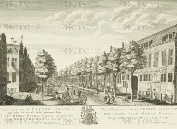 View of the Prinsegracht in The Hague, View of the Prinse Gracht, Vuë & perspective du Prince Gracht, Eighteen views in and around The Hague (Besoet, Scheurleer), print, seen towards the west. On the far right the Boterwaag on the corner of the Grote Markt, on the left the entrance to the Boekhorststraat. Below the image the title and dedication in Dutch and French, with in the center the family coat of arms of The Hague mayor Johan Hudde Dedel. Print from a series of eighteen views in and around The Hague., printmaker: attributed to Iven Besoet, The Hague, publisher: Hendrik Florisz Scheurleer, dedicated to: Jan Hudde Dedel, 1755, Attributed to, paper, etching, engraving, height 307 mm x width 436 mm, Print is part of a series of eighteen views in and around The Hague that were published over the period 1755-1762., armorial bearing, heraldry, bridge in city across river, canal, etc. (city(-scape) with figures, staffage), Prinsegracht, Boterwaag (The Hague), A wide city street runs alo...