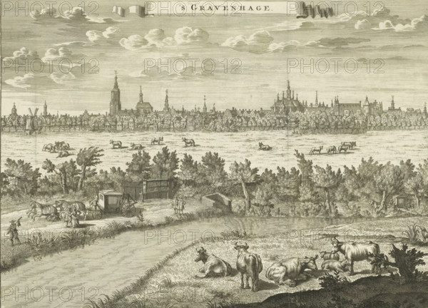 The Hague, View of The Hague, print, book illustration, seen from the south. Marked upper right: Fol. 1., publisher: Jan Claesz ten Hoorn (possibly), Amsterdam, publisher: Johannes Ratelband (I) (possibly), 1711 - 1729, printmaker, paper, etching, height 298 mm x width 405 mm, Print also used in: Cretser, Gijsbert de. Beschryvinge van 's Gravenhage, behelsende desselfs eerste opkomste, stichtinge en vermakelykesituatie (…) Waar achter bygevoegt is de Zeestraat op Scheveninge door de heer van Zuylichem. 1st edition. Amsterdam: Jan ten Hoorn, 1711, before p. 1. And in: Cretser, Gijsbert de. Description of The Hague, containing its first rise, foundation and pleasant situation (…) Attached to which is the Zeestraat on Scheveninge, by Mr. van Zuylichem. 2nd edition. Amsterdam: Johannes Ratelband, 1729., prospect of village, silhouette of village, prospect of city, town panorama, silhouette of city, A wide engraved landscape shows a distant town skyline with many spires and rooflines above ...
