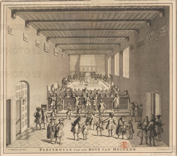 Pleading Roll of the Court of Holland, Court of Holland in session, ca. 1700, print, book illustration, Court of Justice of the Court of Holland in session in the Pleading Roll of the Provincial Court (at the rear of the Knight's Hall). A lawyer pleads before the Court. Lawyers, servants, and other gentlemen in the foreground., printmaker: François van Bleyswijck, Leiden, after design by François van Bleyswijck, publisher: Reinier Boitet (possibly), Delft, publisher: Adrianus Douci Pietersz (possibly), Amsterdam, c. 1700 - 1736, François van Bleyswijck, Reinier Boitet, Adrianus Douci Pietersz, printmaker, paper, engraving, etching, height 285 mm x width 325 mm, Print also used in: Riemer, Jacob de. Beschryving van 's-Graven-Hage, behelzende deszelfs herkomst, naam, gelegentheid, extensieen, onheilen en schitterend, mitsgaders (…). 2 volumes. Delft and The Hague, 1730-1739, vol. 1.1 (Delft: Reinier Boitet, 1730). And in: Riemer, Jacob de. Description of The Hague, comprising its origin,...