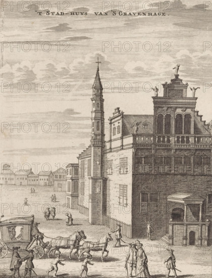 The Town Hall of The Hague, View of the Old Town Hall in The Hague, print, book illustration, surrounded by various figures and a carriage., publisher: Jan Claesz ten Hoorn (possibly), Amsterdam, publisher: Johannes Ratelband (I) (possibly), 1711 - 1729, printmaker, paper, etching, engraving, height 173 mm x width 132 mm, Print also used in: Cretser, Gijsbert de. Description of The Hague, comprising its first rise, foundation, and pleasant situation (…) Attached is the Zeestraat on Scheveninge by Mr. van Zuylichem. 1st edition. Amsterdam: Jan ten Hoorn, 1711, and pleasant situation (…) Attached is the Zeestraat on Scheveninge, 1729., town hall, street (city(-scape) with figures, staffage), The Hague, Old Town Hall (The Hague), A detailed ink engraving shows a riverside city scene with classical buildings and a tall church tower topped by a cross, adjacent to a large ornate façade with statues on its roofline and arched windows, a balustraded terrace, and a projecting entrance; the fore...
