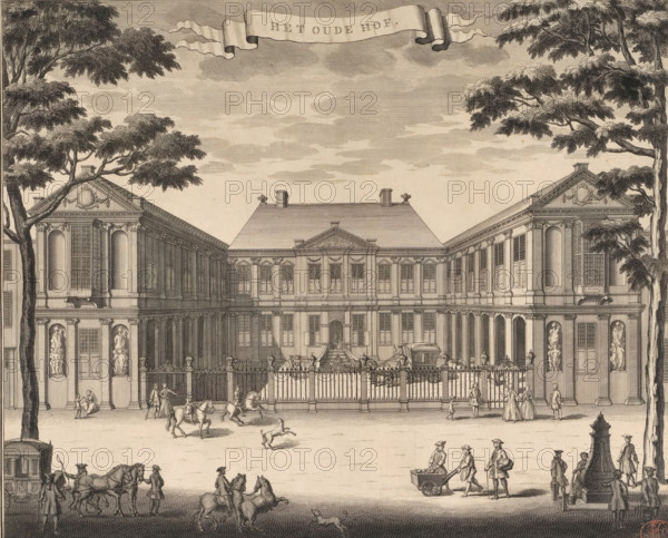 The Old Court, View of Noordeinde Palace in The Hague, print, book illustration, View of Noordeinde Palace, known during the time of the Republic as the Old Court, in The Hague., after drawing by Gerrit van Giessen, The Hague, publisher: Reinier Boitet, Delft, publisher: Adrianus Douci Pietersz, Amsterdam, 1730 - 1736, unknown, printmaker, grantor of privilege, paper, etching, engraving, height 285 mm x width 346 mm, Print also used in: Riemer, Jacob de. Description of The Hague, containing its origin, name, situation, expansions, misfortunes and splendor, together with (…). 2 volumes. Delft and The Hague, 1730-1739, vol. 1.2 (Delft: Reinier Boitet, 1730). And in: Riemer, as well as (…). 2 volumes. Delft and The Hague, vol. 1.2 indicated as vol. 2 on title page (Amsterdam: Adrianus Douci, 1736)., palace, street (city(-scape) with figures, staffage), Noordeinde Palace, A wide architectural engraving shows a large classical building with a central block and two projecting wings, each win...
