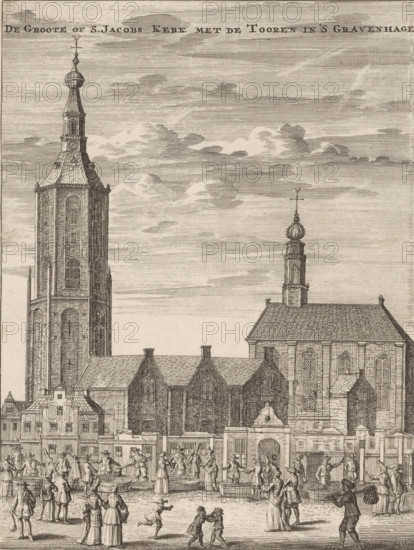 View of the Great Church in The Hague, The Great or St. James Church with the tower in The Hague, print, book illustration, View of the Great Church, also called St. James' Church, in The Hague. Seen from the side of the River Fish Market. In front of the church various fish sellers and other figures., publisher: Jan Claesz ten Hoorn (possibly), Amsterdam, publisher: Johannes Ratelband (I) (possibly), 1711 - 1729, Jan Claesz ten Hoorn, Johannes Ratelband (I), printmaker, paper, etching, engraving, height 175 mm x width 133 mm, Print also used in: Cretser, Gijsbert de. Description of The Hague, comprising its first rise, establishment and pleasant situation (…) To which is added the Zeestraat on Scheveninge by Mr. van Zuylichem. 1st edition. Amsterdam: Jan ten Hoorn, 1711, between pp. 26 and 27. And in: Cretser, establishment and pleasant situation (…) To which is added the Zeestraat on Scheveninge, by Mr. van Zuylichem. 2nd edition. Amsterdam: Johannes Ratelband, 1729., church (exterio...