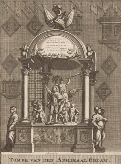 Monumental tomb for Admiral Jacob Baron van Wassenaer van Obdam, Tomb of Admiral Obdam, print, book illustration, Monumental tomb for Admiral Jacob Baron van Wassenaer van Obdam in the Grote or St. Jacob's Church in The Hague. The admiral lost his life in the explosion of his flagship the Eendracht during the Battle of Lowestoft on June 13, 1665. Marked in the upper right: Fol. 27., printmaker: Jan Lamsvelt, Amsterdam, publisher: Jan Claesz ten Hoorn (possibly), publisher: Johannes Ratelband (I) (possibly), 1711 - 1729, Jan Claesz ten Hoorn, Jan Lamsvelt, Johannes Ratelband (I), printmaker, paper, etching, engraving, height 191 mm x width 142 mm, Print also used in: Cretser, Gijsbert de. Beschryvinge van 's Gravenhage, behelsende desselfs eerste opkomste, stichtinge en vermakelykesituatie (…) Waar achter bygevoegt is de Zeestraat op Scheveninge door de heer van Zuylichem. 1st edition. Amsterdam: Jan ten Hoorn, 1711, between p. 26 and 27. And in: Cretser, Gijsbert de. Description of The...