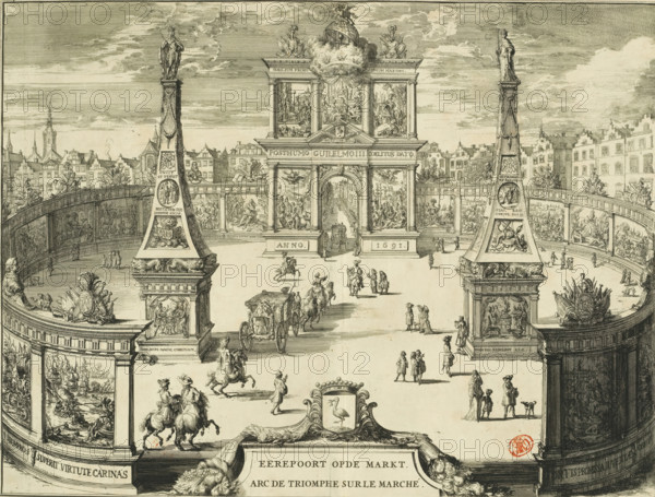 Gate of Honour on the Market, 1691, Arc de triomphe sur le marché, print, book illustration, View of the gate of honour on the Market, erected for the entry of Stadtholder-King William III into The Hague, February 5, 1691. In front of the gate are two obelisks and two semicircular wings, all decorated with historical and mythological representations with inscriptions in Latin., printmaker: Romeyn de Hooghe, Northern Netherlands, paper, etching, height 334 mm x width 442 mm, Print also used in: Bidloo, Govard. Komste van zyne majesteit Willem III. Koning van Groot Britanje, enz. in Holland, ofte omstandelyke beschryving van alles, (…) vercierd met kopere platen. The Hague: Arnoud Leers, 1691., Person, William III (Prince of Orange and King of England, Scotland, and Ireland), coat of arms (as symbol of the state, etc.) (city, municipal), triumphal entry and public reception, pageant, 'entrée solennelle', 'joyeuse entrée', Entry of William III to The Hague (1691), The Hague, Grote Markt (...