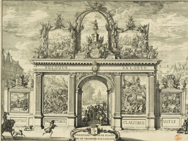 Eerepoort op de Plaats, Arc de triomphe sur la Place, Triomfoog op de Plaats, 1691, print, book illustration, The triumphal arch on the Plaats, erected by the city council for the entry of Stadtholder-King William III into The Hague, February 5, 1691. The arch is decorated with historical scenes. On top, an equestrian statue of William III., printmaker: Romeyn de Hooghe, Northern Netherlands, paper, etching, height 332 mm x width 444 mm, Print also used in: Bidloo, Govard. Komste van zyne majesteit Willem III. Koning van Groot Britanje, enz. in Holland, ofte omstandelyke beschryving van alles, (…) vercierd met kopere platenen. The Hague: Arnoud Leers, 1691., Person, William III (Prince of Orange and King of England, Scotland, and Ireland), coat of arms (as symbol of the state, etc.) (city, municipal), etc.) (province, provincial), triumphal entry and public reception, pageant, 'entrée solennelle', 'joyeuse entrée', Entry of William III into The Hague (1691), The Hague, Place, Period, 1...