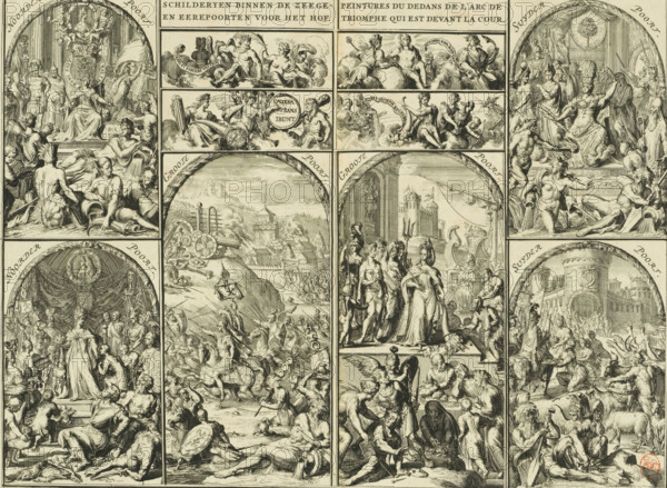 Paintings within the gates of victory and honor in front of the Court, Paintings inside the triumphal arch that is in front of the court, Paintings on the triumphal arches in front of the Buitenhof, 1691, print, book illustration, Overview of six large and four small paintings on the triumphal arches displayed in front of the Buitenhof, February 5, 1691. Primarily allegorical representations of the victories of Stadtholder-King William III and the virtue of Queen Mary Stuart., printmaker: Romeyn de Hooghe, Northern Netherlands, paper, etching, height 333 mm x width 445 mm, Print also used in: Bidloo, Govard. Arrival of His Majesty William III. King of Great Britain, etc. in Holland, or a detailed description of everything, (...) decorated with copper plates. The Hague: Arnoud Leers, 1691., Person, William III (Prince of Orange and King of England, Scotland, and Ireland), Maria II Stuart (Queen of England, Scotland and Ireland), coat of arms (as symbol of the state, etc.) (nation, natio...