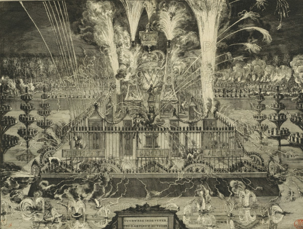 Fireworks in the Hofvijver, 1691, Fireworks in the pond, Feu d'artifice au vyver, print, book illustration, on the occasion of the entry of Stadtholder-King William III into The Hague, February 5, 1691. Evening scene with a view of all the scaffolding, on the fence: Triumphet Semper Augustus. In the background the spectators., printmaker: Romeyn de Hooghe, Northern Netherlands, Romeyn de Hooghe, printmaker, paper, etching, height 333 mm x width 444 mm, Print also used in: Bidloo, Govard. Komste van zyne majesteit Willem III. King of Great Britain, etc. in Holland, or a detailed description of everything, (...) decorated with copper plates. The Hague: Arnoud Leers, 1691., Person, William III (Prince of Orange and King of England, Scotland, and Ireland), bonfire, fire-works, triumphal entry and public reception, pageant, 'entrée solennelle', 'joyeuse entrée' (illumination, festive activities), Entry of William III to The Hague (1691), The Hague, Hofvijver, Period, 1691-02-05, A densely d...