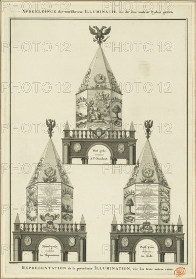 Details of the decorations on the structure for the fireworks on the Hofvijver in honor of the coronation of Emperor Francis I Stephen, 1746, Image of the prescribed illumination seen from the three other sides, Representation of the previous illumination, viewed from the three sides, Description of the principal joys, made in The Hague, on the occasion of the coronation of, Francis I, Description of the principal joys in The Hague on the occasion of the crowning of his imperial majesty Francis I, print, The details of the decorations on the structure (temple or structure), seen from three sides, for the fireworks set off on January 19, 1746 on the Hofvijver in The Hague by order of the German minister and envoy Baron van Reischach, on the occasion of the coronation of Francis I Stephen as Emperor on 4-6 October 1745., printmaker: Jan Caspar Philips, Northern Netherlands, after design by Franciscus Schluymer, 1746 - 1747, paper, etching, engraving, height 396 mm x width 274 mm, Person,...