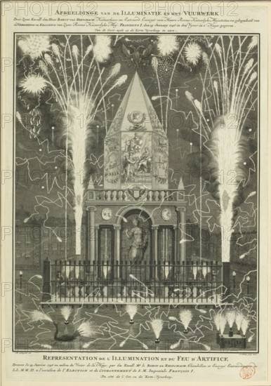 Image of the illumination and the fireworks given by His Excellency Baron van Reischach, on the occasion of the election and crowning of His Roman Imperial Majesty Francis I, on 19 January 1746, in the Vyver in The Hague, Representation de l'illumination et du feu d'artifice donnes le 19 janvier 1746 au milieu du Vivier de La Haye, par son excell. mr. le baron de Reischach, a l'occasion de l'election et du couronnement de SM Imperiale François I, Fireworks on the Hofvijver in honor of the coronation of Emperor Francis I Stefan, 1746, Description of the principales rejouissances, faites à la Haye, a l'occasion du couronnnement de, François I, Description of the most important rejoicings in The Hague on the occasion of the coronation of His Imperial Majesty Francis I, print, Fireworks set off on January 19, 1746 on the Hofvijver in The Hague on behalf of the German minister and envoy Baron van Reischach on the occasion of the coronation of Francis I Stefan as emperor on October 4-6, 1745...
