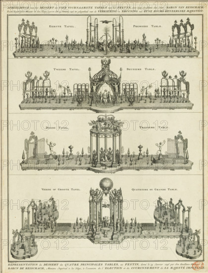 Dessert on four tables at the banquet in honor of the coronation of Emperor Francis I Stephen, 1746, Image of the dessert of the four principal tables of the feast, given by His Excellency Baron van Reischach on January 19, on the occasion of the election and crowning of His Roman Imperial Majesty, Representation of the dessert of the four principal tables, at the feast, given on January 19, 1746 by His Excellency Baron de Reischach, on the occasion of the election and crowning of His Imperial Majesty, Description of the principal joys, made in The Hague, on the occasion of the coronation of, Francis I, Description of principal revelries in The Hague on the occasion of the coronation of His Imperial Majesty Francis I, print, The dessert as presented on the four principal tables during the banquet given by the German minister and envoy Baron von Reischach in the Mauritshuis on 19 January 1746 on the occasion of the coronation of Francis I Stephen as Emperor on 4-6 October 1745. Table ce...