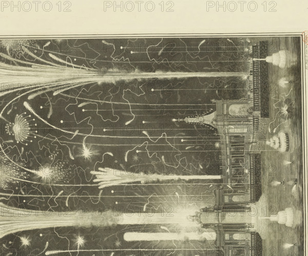Fireworks in The Hague for the Peace of Aix-la-Chapelle, 1749, Image of the fireworks, set off in The Hague, on June 13, on the occasion of the Peace of Aix-la-Chapelle, Representation of the artifice, set off in The Hague on June 13, print, The fireworks at the large theater in the Hofvijver in The Hague, set off on June 13, 1749 in honor of the Peace of Aix-la-Chapelle concluded on October 18, 1748. Accompanying the depiction of the fireworks are a map of the theater and a text sheet with explanation., printmaker: Jan Caspar Philips, Northern Netherlands, The Hague, after design by Leonard Stephan baron von Creutznach, publisher: Groot & Zoonen, Anthoni de, dedicated by: Groot en Zoonen, dedicated to: States General, dedicated to: Willem IV (Prince of Orange-Nassau), dedicated to: Council of State, paper, etching, engraving, etching and engraving, height 380 mm x width 443 mm, A detailed engraved scene showing ornate classical architecture along a waterfront with balustrades, columns...